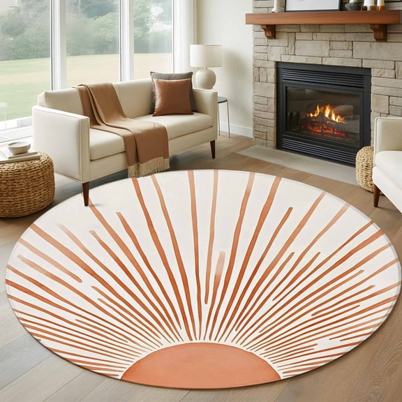 Round Area Rug 5ft Bohemian Orange Sun Light Area Rugs Washable Low Pile Floor Carpet for Bedroom, Abstract Minimalism Art Non Slip Soft Rugs for Living Room Entryway Dining Room