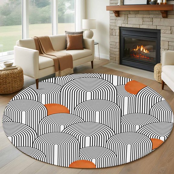 Round Area Rug 5ft Boho Abstract Black White Rounds Stripes Area Rugs Washable Low Pile Floor Carpet for Bedroom, Orange Polka Dots Non Slip Soft Rugs for Living Room Entryway Dining Room