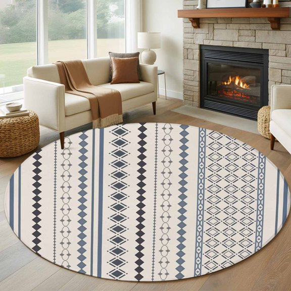 Round Area Rug 5ft, Boho Aztec Stripe Plaid Non-Slip Non-Shedding Floor Mat, Vintage Ethnic Geometric Graphics Washable Sturdy Carpet for Living Room Bedroom Home Decor