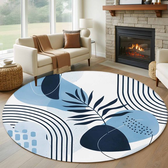 Round Area Rug 5ft Boho Blue Arch Abstract Geometric Area Rugs Washable Low Pile Floor Carpet for Bedroom, Tropical Palm Leaf Non Slip Soft Rugs for Living Room Entryway Dining Room