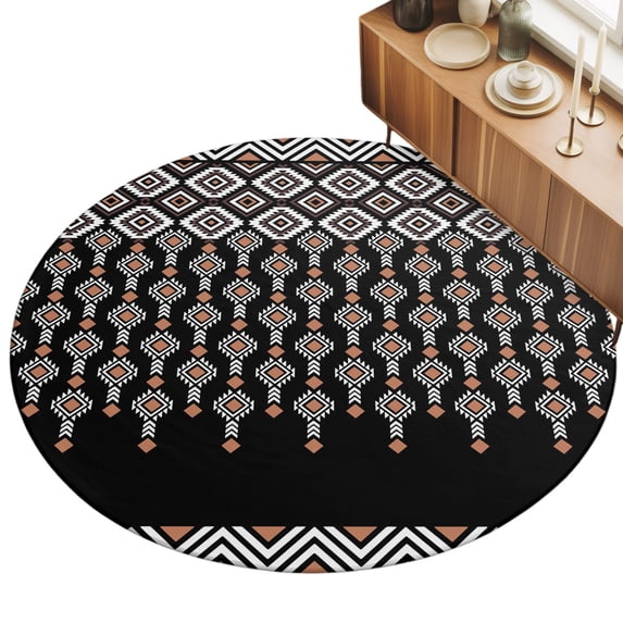 Round Area Rug 5ft Boho Diamond Floor Carpets Indoor Floor Area Mat Stain-Proof Mat Circle Rugs for Living Room Dining Room Kitchen Bedroom, Black Bohemian Geometric Stripes Beads Sofa Throw Carpet