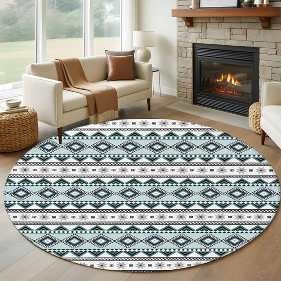 Round Area Rug 5ft Boho Diamond Pattern Area Rugs Washable Low Pile Floor Carpet for Bedroom, Ethnic Style Blue Strips Non Slip Soft Rugs for Living Room Entryway Dining Room