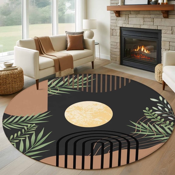 Round Area Rug 5ft Boho Leaf Arch Moon Area Rugs Washable Low Pile Floor Carpet for Bedroom, Mid Century Vintage Brown Non Slip Soft Rugs for Living Room Entryway Dining Room