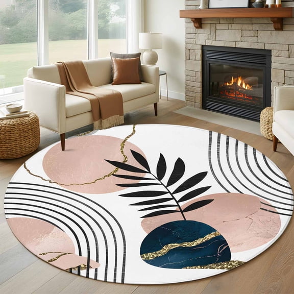 Round Area Rug 5ft Boho Leaf Arch Sun Area Rugs Washable Low Pile Floor Carpet for Bedroom, Abstract Geometric Stripe Non Slip Soft Rugs for Living Room Entryway Dining Room