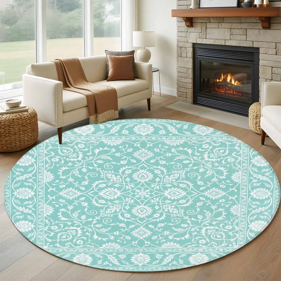 Round Area Rug 5ft Boho Mint Green Paisley Floral Area Rugs Washable Low Pile Floor Carpet for Bedroom, Abstract Wild Flower Non Slip Soft Rugs for Living Room Entryway Dining Room