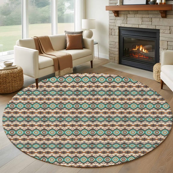 Round Area Rug 5ft Boho Seamless Flower Texture Area Rugs Washable Low Pile Floor Carpet for Bedroom, Abstract Geometric Floral Art Non Slip Soft Rugs for Living Room Entryway Dining Room
