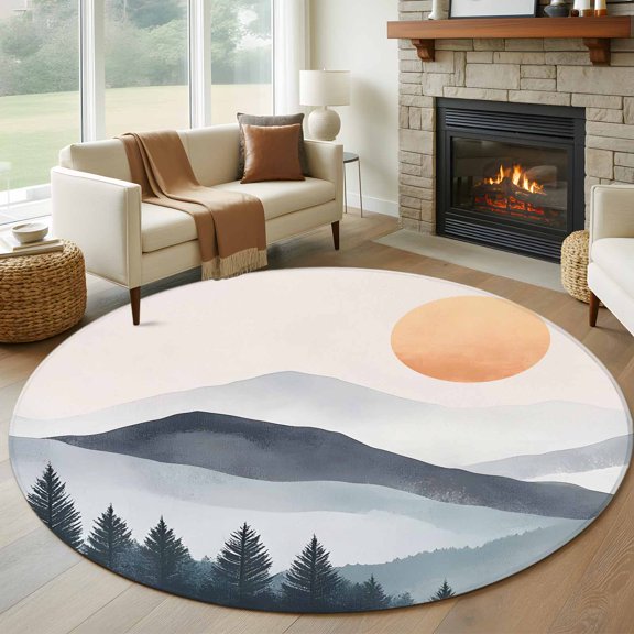 Round Area Rug 5ft Boho Sun Mountains Forest Shadow Area Rugs Washable Low Pile Floor Carpet for Bedroom, Abstract Geometric Non Slip Soft Rugs for Living Room Entryway Dining Room