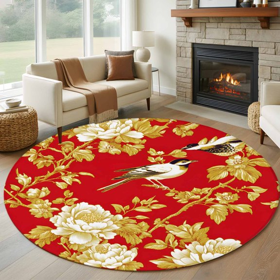 Round Area Rug 5ft Branch Bird Circle Kitchen Mats Non-Slip Gold Flowers Washable Round Carpet for Kitchen Living Room Bedroom Home Decor