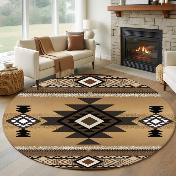 Round Area Rug 5ft, Brown Southwest Non-slip Area Rugs for Living Room/Bedroom/Bathroom/Kitchen, Boho Aztec Ethnic Abstract Geometric Washable Throw Floor Mat Indoor Outdoor Entrance Doormat