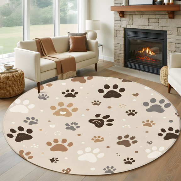 Round Area Rug 5ft, Brown White Dog Paw Prints Non-Shedding Washable Area Rug, Cute Cat Paws Non Slip Low-Profile Circle Rugs for Living Room, Bedroom Dining Room