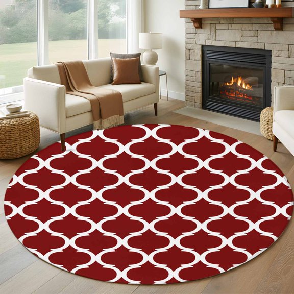 Round Area Rug 5ft Burgundy Red Moroccan Stripe Area Rugs Washable Low Pile Floor Carpet for Bedroom, Abstract Geometric Buffalo Plaid Non Slip Soft Rugs for Living Room Entryway Dining Room