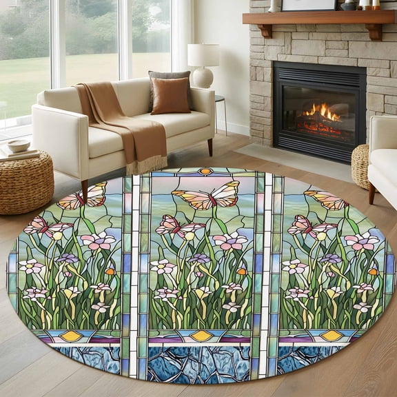 Round Area Rug 5ft Butterfly Circle Kitchen Mats Non-Slip Green Leaves Floral Glass Washable Round Carpet for Kitchen Living Room Bedroom Home Decor