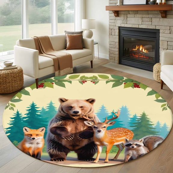 Round Area Rug 5ft, Cartoon Bear Deer Fox Squirrel Non-Slip Non-Shedding Floor Mat, Forest Animal Plant Washable Sturdy Carpet for Living Room Bedroom Home Decor