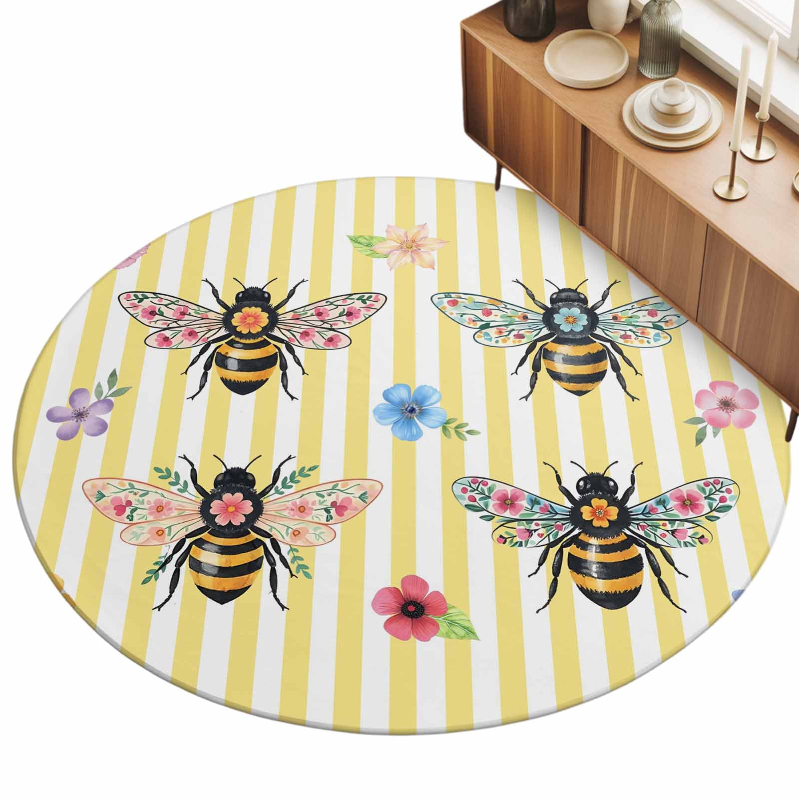 Round Area Rug - 5ft Cartoon Bee Country Wildflower Non Slip Washable ...