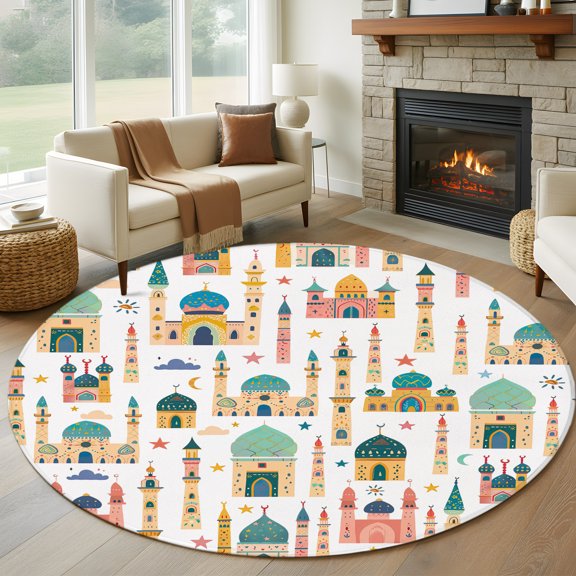 Round Area Rug 5ft, Cartoon Castle Towel Sketch on White Non-Slip Non-Shedding Floor Mat, Star Moon Sun Cloud Washable Sturdy Carpet for Living Room Bedroom Home Decor