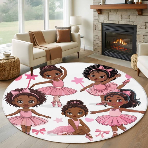 Round Area Rug 5ft Cartoon Children Ballet Dance Area Rugs Washable Low Pile Floor Carpet for Bedroom, Pink Butterflies Ballet Shoes Non Slip Soft Rugs for Living Room Entryway Dining Room