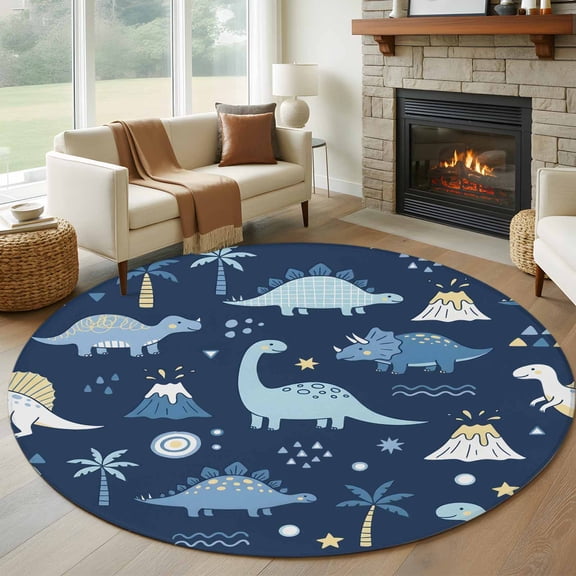 Round Area Rug 5ft, Cartoon Dinosaurs Geometric Non-Slip Non-Shedding Floor Mat, Cute Animal on Deep Blue Washable Sturdy Carpet for Living Room Bedroom Home Decor
