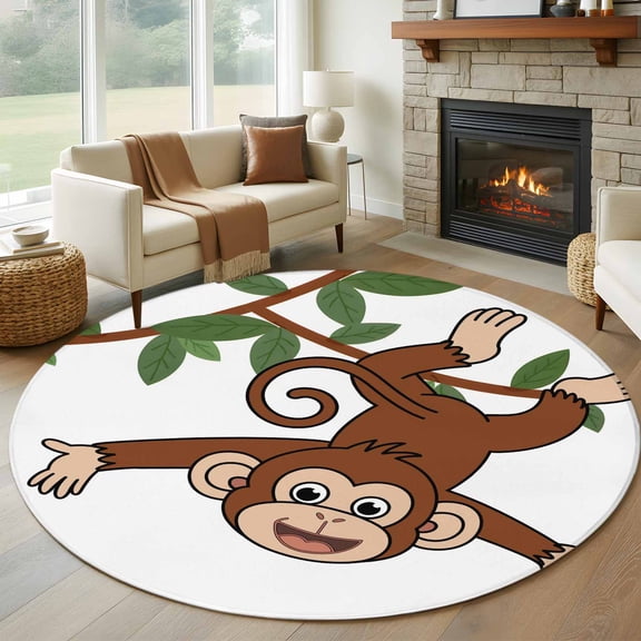 Round Area Rug 5ft Cartoon Funny Monkey Green Leaves on White Area Rugs Washable Low Pile Floor Carpet for Bedroom, Country Vine Non Slip Soft Rugs for Living Room Entryway Dining Room