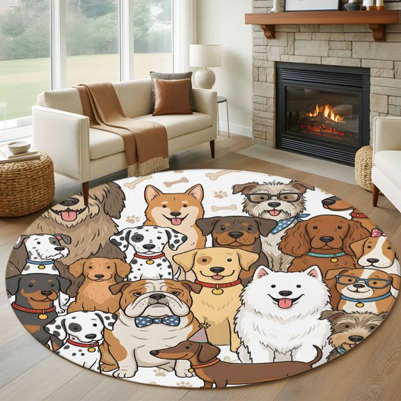 Round Area Rug 5ft Cartoon Lovely Puppies Dogs Area Rugs Washable Low Pile Floor Carpet for Bedroom, Bones Claws Background Non Slip Soft Rugs for Living Room Entryway Dining Room