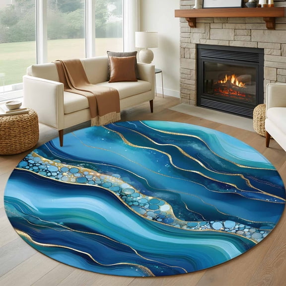 Round Area Rug 5ft Cartoon Marble Texture Wave Bubble Area Rugs Washable Low Pile Floor Carpet for Bedroom, Abstract Gradient Art Non Slip Soft Rugs for Living Room Entryway Dining Room