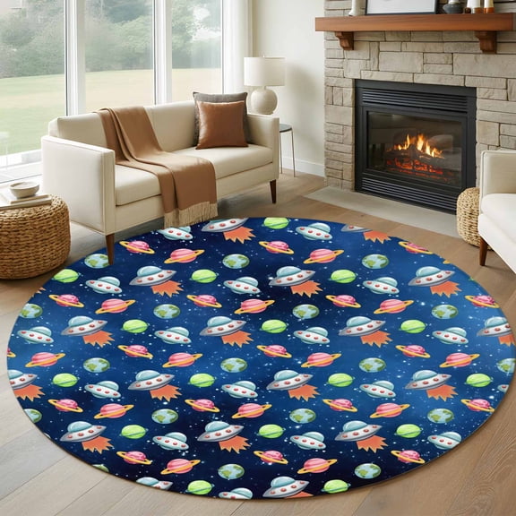 Round Area Rug 5ft, Cartoon Spaceship Dream Planet Non-Slip Non-Shedding Floor Mat, Outer Space Stars Moon Washable Sturdy Carpet for Living Room Bedroom Home Decor