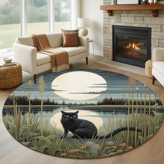 Round Area Rug 5ft Cat Circle Kitchen Mats Non-Slip Kitten Moon Jungle Washable Round Carpet for Kitchen Living Room Bedroom Home Decor