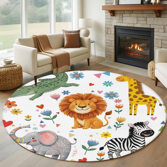 Round Area Rug 5ft Children's Day Lion Elephant Area Rugs Washable Low Pile Floor Carpet for Bedroom, Giraffe Zebra Crocodile Non Slip Soft Rugs for Living Room Entryway Dining Room