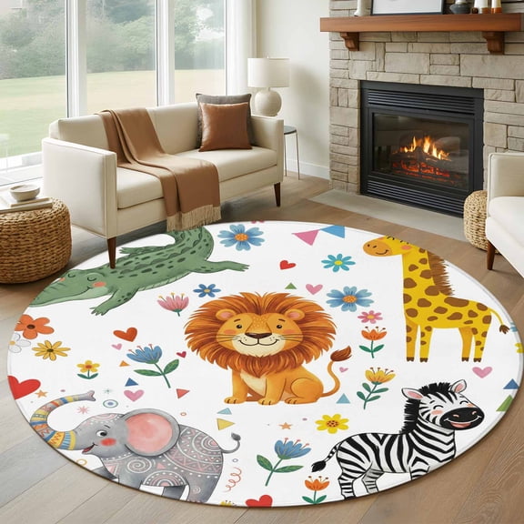 Round Area Rug 5ft, Children's Day Lion Elephant Non-Slip Non-Shedding Floor Mat, Giraffe Zebra Crocodile Washable Sturdy Carpet for Living Room Bedroom Home Decor