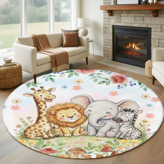 Round Area Rug 5ft Children's Day Lions Elephants Area Rugs Washable Low Pile Floor Carpet for Bedroom, Red Rose Zebras Giraffes Non Slip Soft Rugs for Living Room Entryway Dining Room
