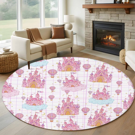 Round Area Rug 5ft, Children's Day Pink Dream Castle Balloons Non-Slip Non-Shedding Floor Mat, Blue Cloud Washable Sturdy Carpet for Living Room Bedroom Home Decor
