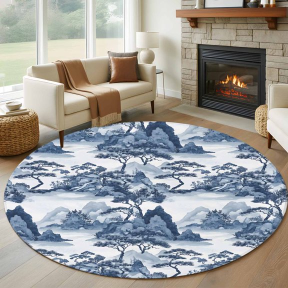 Round Area Rug 5ft Chinese Style Plant Garden Landscape Area Rugs Washable Low Pile Floor Carpet for Bedroom, Chinoiserie Retro Style Non Slip Soft Rugs for Living Room Entryway Dining Room