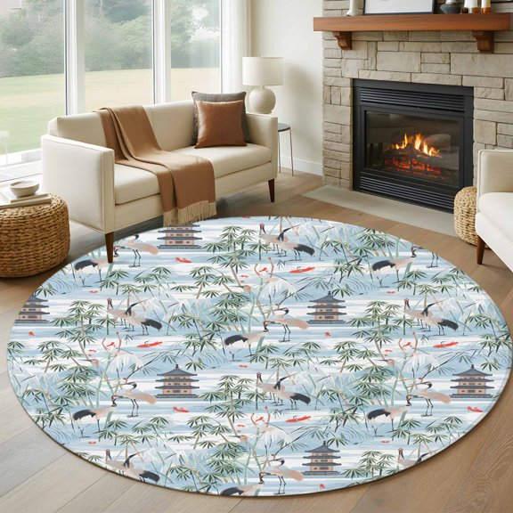 Round Area Rug 5ft Chinese Style Tower Leaf Crane Area Rugs Washable Low Pile Floor Carpet for Bedroom, Chinoiserie Blue Gradient Non Slip Soft Rugs for Living Room Entryway Dining Room