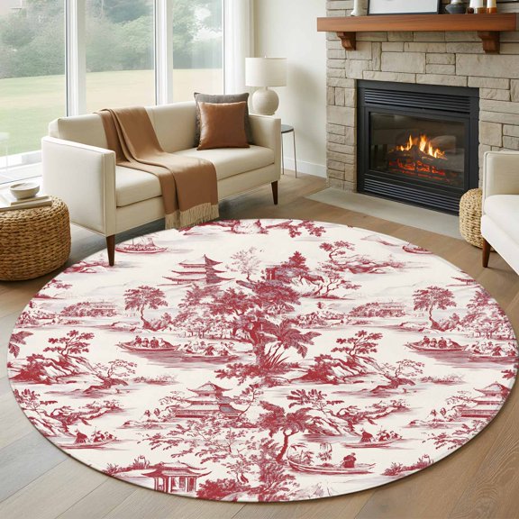 Round Area Rug 5ft Chinoiserie Garden Asian Scenic Area Rugs Washable Low Pile Floor Carpet for Bedroom, Pavilion Hill Boat Tree Red Non Slip Soft Rugs for Living Room Entryway Dining Room