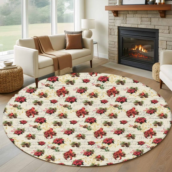 Round Area Rug 5ft Christmas Red Bird Holly Poinsettia Pine Cones Area Rugs Washable Low Pile Floor Carpet for Bedroom, Pine Needles on Retro Non Slip Soft Rugs for Living Room Entryway Dining Room