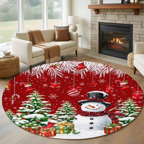 Round Area Rug 5ft Christmas Tree Snowman Area Rugs Washable Low Pile Floor Carpet for Bedroom, Winter Snowflake Fir Leaf on Red Non Slip Soft Rugs for Living Room Entryway Dining Room