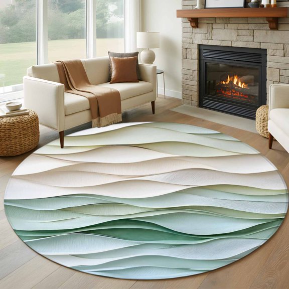 Round Area Rug 5ft Classical Abstract Waves Texture Area Rugs Washable Low Pile Floor Carpet for Bedroom, Watercolor Wavy Seamless Non Slip Soft Rugs for Living Room Entryway Dining Room