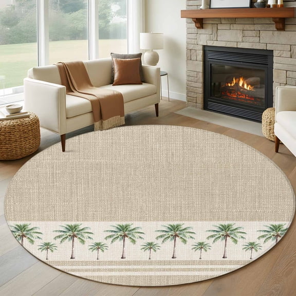 Round Area Rug 5ft, Coastal Green Palm Trees on Vintage Linen Non-Slip Non-Shedding Floor Mat, Tropical Pants Washable Sturdy Carpet for Living Room Bedroom Home Decor