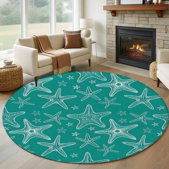 Round Area Rug 5ft Coastal Sea Starfish Seamless Area Rugs Washable Low Pile Floor Carpet for Bedroom, Ocean Creature on Cyan Non Slip Soft Rugs for Living Room Entryway Dining Room