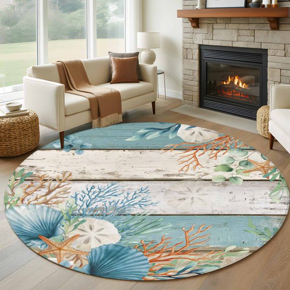 Round Area Rug 5ft Coastal Sea Starfish Shell Coral Area Rugs Washable Low Pile Floor Carpet for Bedroom, Ocean Creature Retro Wood Non Slip Soft Rugs for Living Room Entryway Dining Room