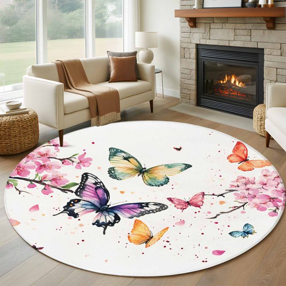 Round Area Rug 5ft Colorful Butterfly Circle Kitchen Mats Non-Slip Pink Flowers Washable Round Carpet for Kitchen Living Room Bedroom Home Decor