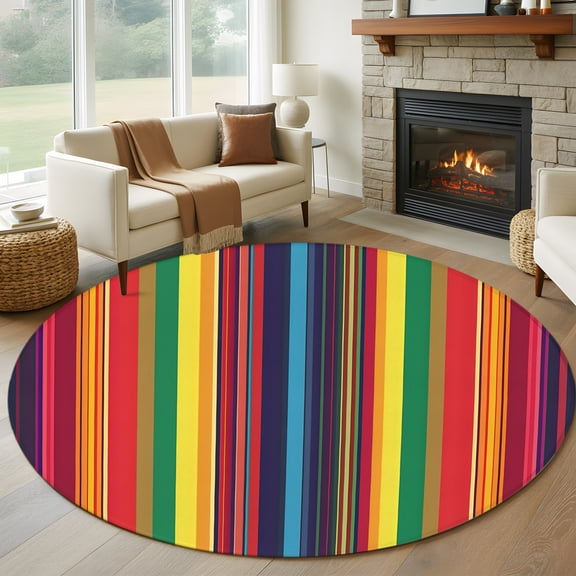 Round Area Rug 5ft Colorful Mexican Stripe Area Rugs Washable Low Pile Floor Carpet for Bedroom, Rainbow Gradient Line Non Slip Soft Rugs for Living Room Entryway Dining Room