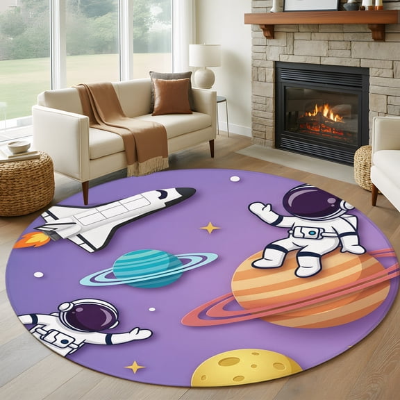 Round Area Rug 5ft Cosmonaut Planet Rocket Ship Area Rugs Washable Low Pile Floor Carpet for Bedroom, Cartoon Outer Space Purple Non Slip Soft Rugs for Living Room Entryway Dining Room