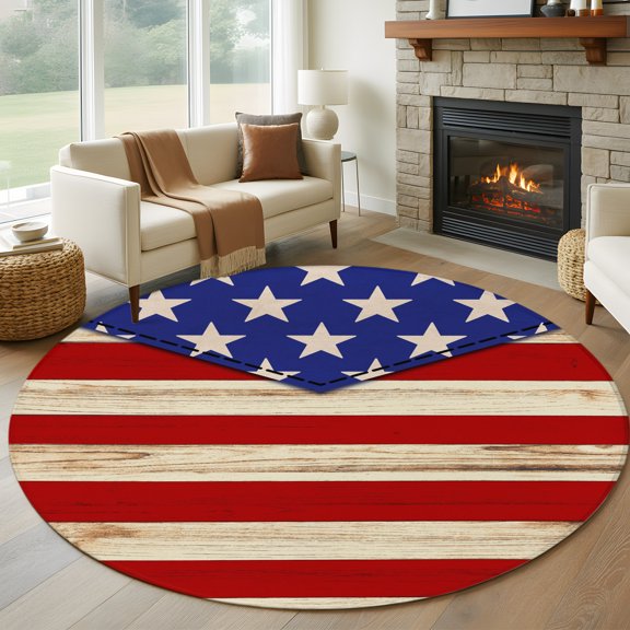 Round Area Rug 5ft Country American Flag Wood Plank Area Rugs Washable Low Pile Floor Carpet for Bedroom, USA 4th of July Star Stripe Non Slip Soft Rugs for Living Room Entryway Dining Room