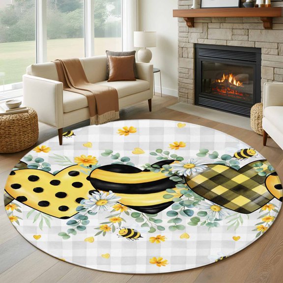 Round Area Rug 5ft Country Flower Leaf Bee Heart Area Rugs Washable Low Pile Floor Carpet for Bedroom, Rustic Gray White Buffalo Plaid Non Slip Soft Rugs for Living Room Entryway Dining Room