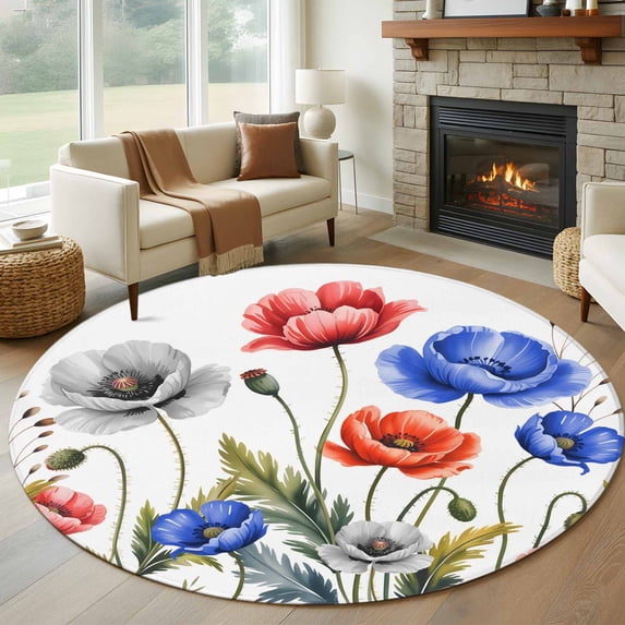 Round Area Rug 5ft,Country Red Blue Gray Flowers Washable Carpet Non-Slip Runner Accent Rugs Indoor Floor Mat for Bedroom Living Room Decor,Watercolor Farm Floral