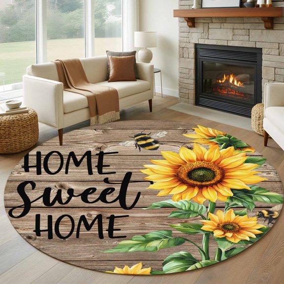 Round Area Rug 5ft Country Sunflower Bee Green Leaves Area Rugs Washable Low Pile Floor Carpet for Bedroom, Farm Retro Wood Board Non Slip Soft Rugs for Living Room Entryway Dining Room