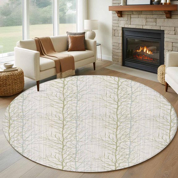 Round Area Rug 5ft Country Tree Branches Texture Area Rugs Washable Low Pile Floor Carpet for Bedroom, Seamless Plant Beige Stripe Non Slip Soft Rugs for Living Room Entryway Dining Room