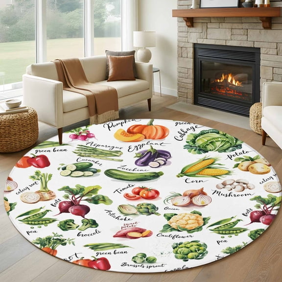 Round Area Rug 5ft Country Vegetables Area Rugs Washable Low Pile Floor Carpet for Bedroom, Rustic Farmhouse Plant Theme Non Slip Soft Rugs for Living Room Entryway Dining Room