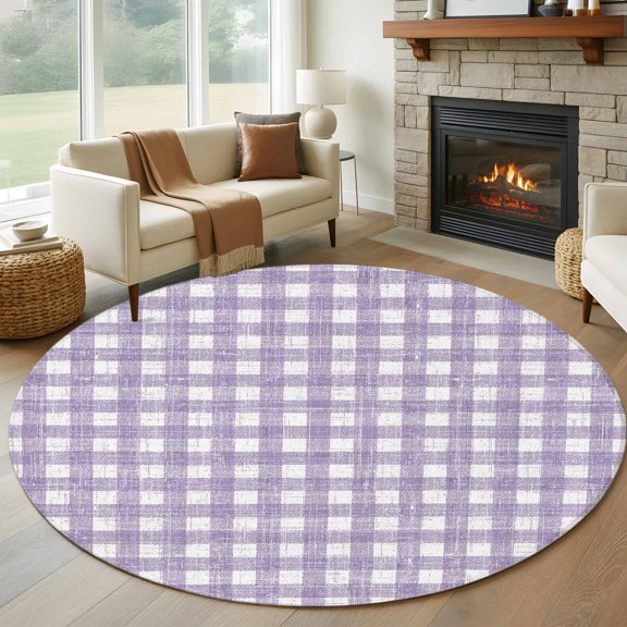 Round Area Rug 5ft, Country Vintage Buffalo Check Non-Slip Non-Shedding Floor Mat, Retro Purple Checkered Washable Sturdy Carpet for Living Room Bedroom Home Decor