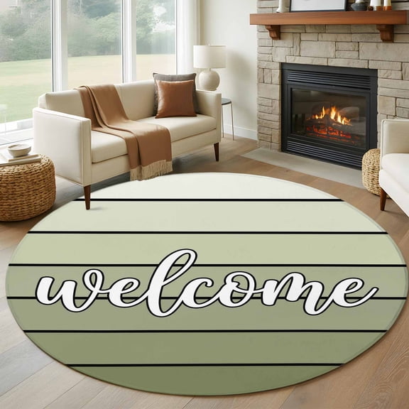 Round Area Rug 5ft Country Welcome Quote Wood Board Area Rugs Washable Low Pile Floor Carpet for Bedroom, Farmhouse Sage Green Wooden Non Slip Soft Rugs for Living Room Entryway Dining Room